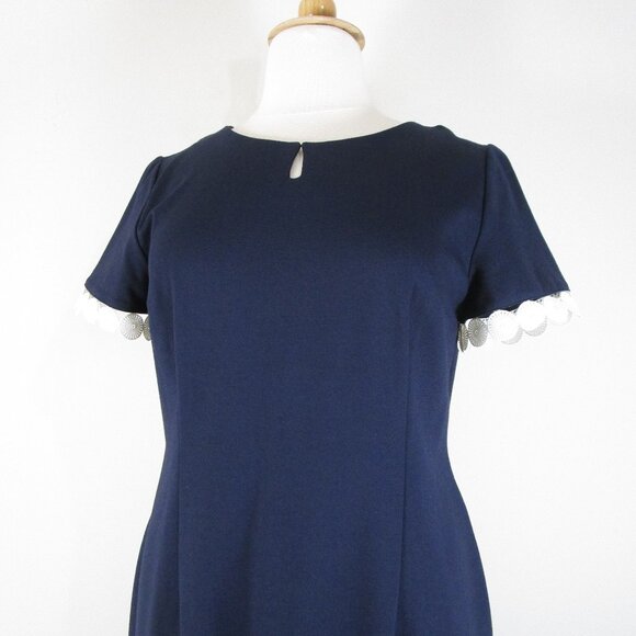 Talbots Plus Size Navy Blue White Lace Trim Short Sleeve Sheath Dress 16 - Picture 2 of 11